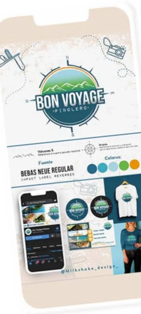 Identidad de Bon Voyage Pinolero: logo circular con montañas y brújula, paleta azul y verde, camisetas