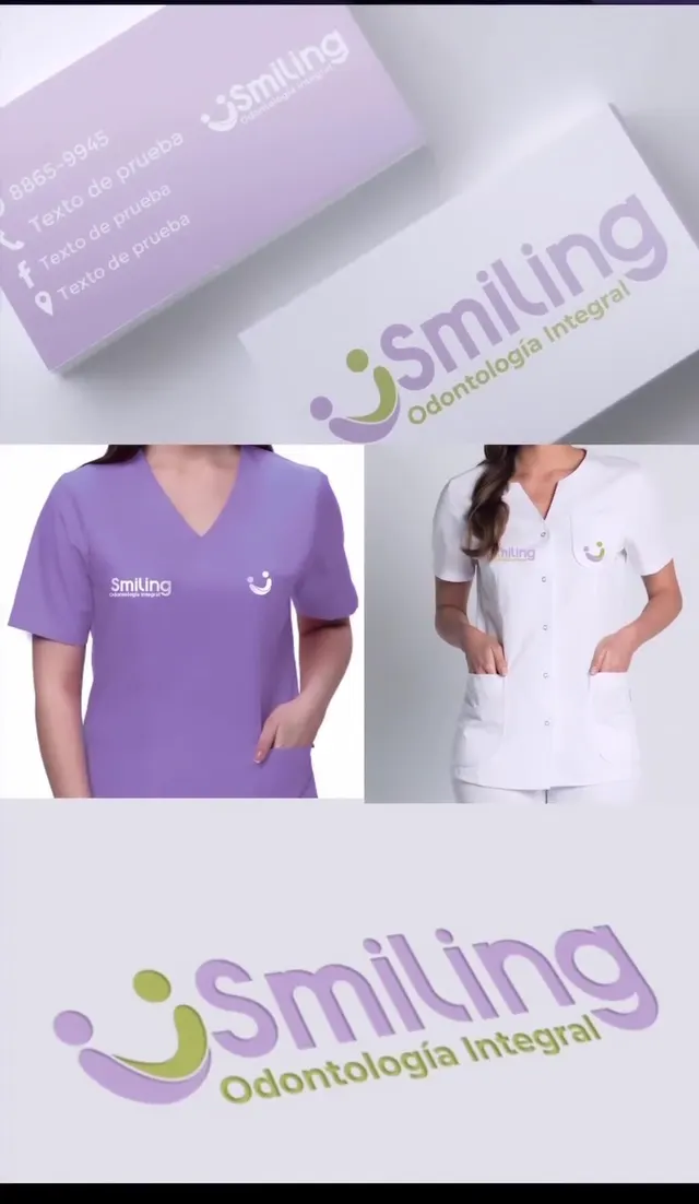 Tablero de marca de Smiling Odontología Integral con logo, colores lila y verde, uniformes y tarjetas