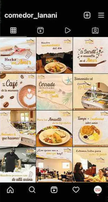Feed de Instagram de Comedor Lanani con platos del día, café y el salón del restaurante