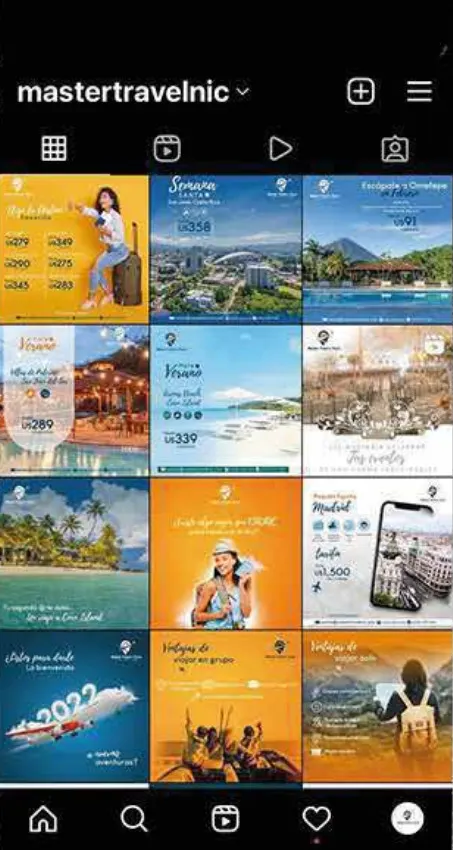 Feed de Instagram de Master Travel Nic con destinos de playa y ciudad en amarillo y azul