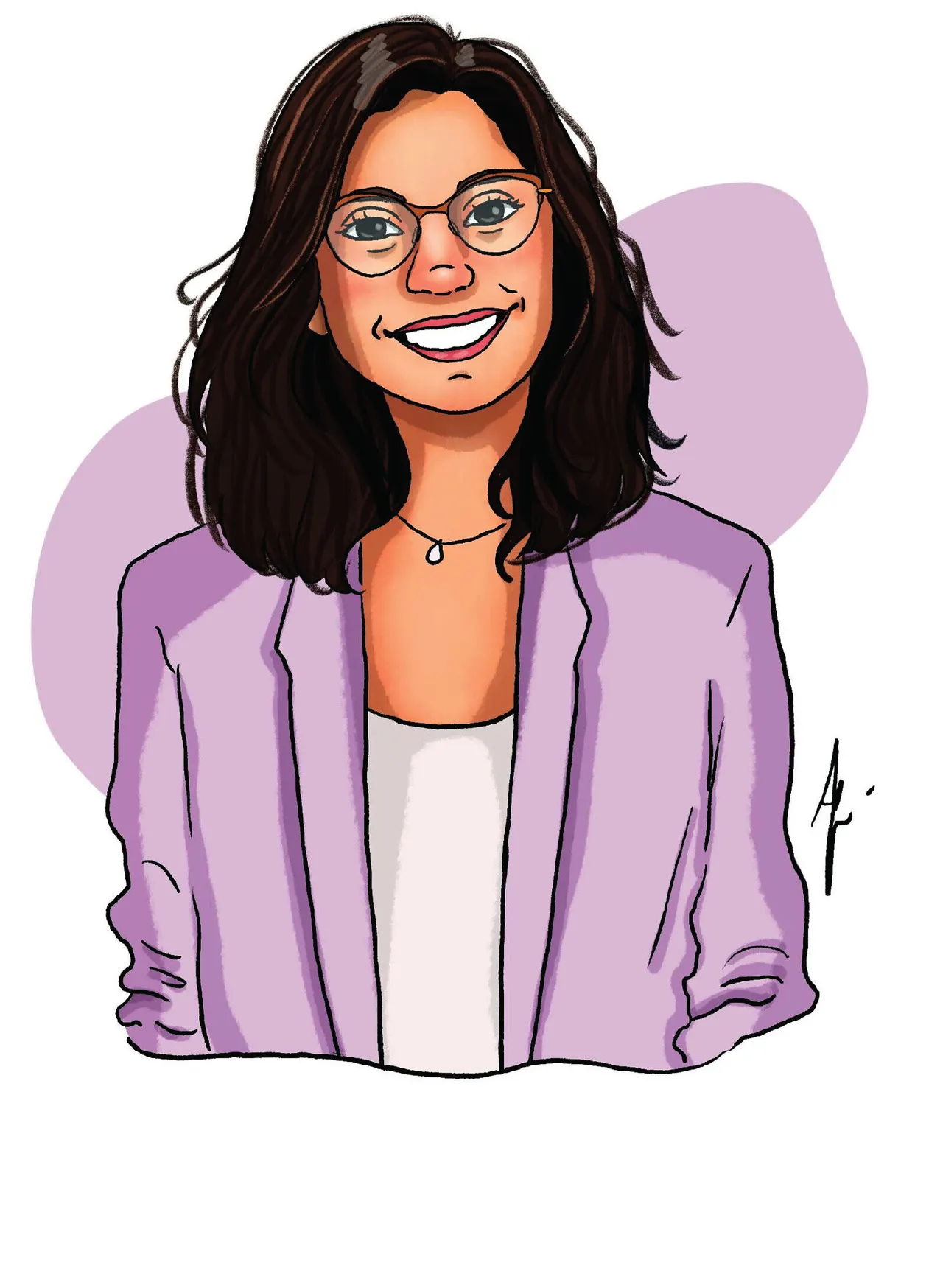 Ilustración de Leslie Díaz, fundadora de Milkshake Design, con lentes y saco lila
